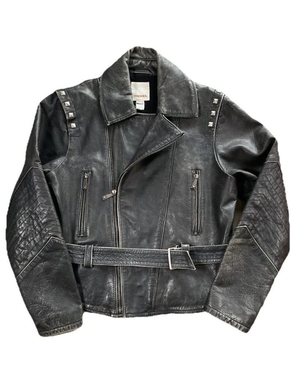 Diesel Goat Leather Moto Biker Jacket Studded Belted Black Gray Womens MED Y2K